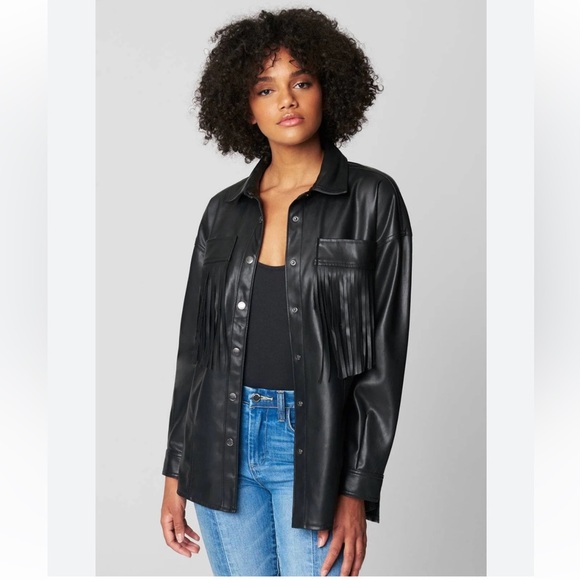 Blank NYC Women’s Lonestar Oversized Vegan Leather Fringe Shirt Jacket S Black - Picture 1 of 11